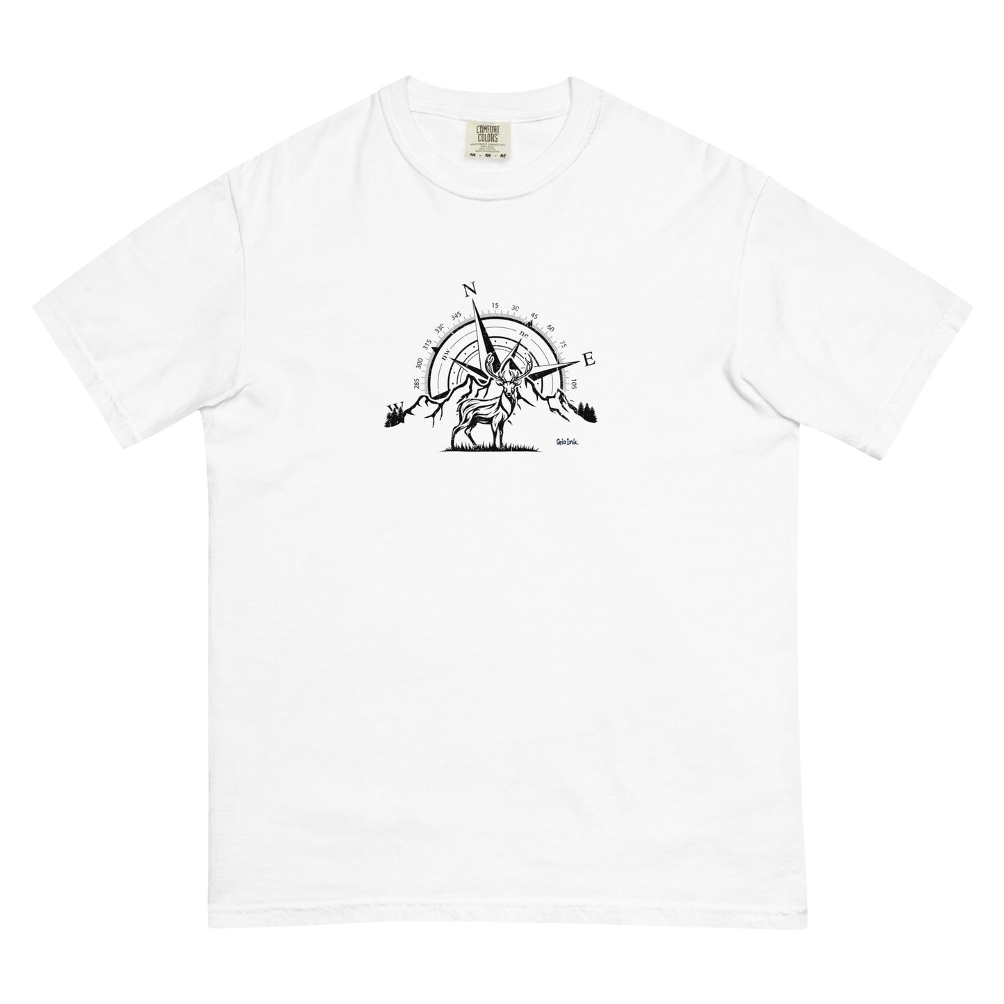 White t-shirt with a black compass design on a white background
