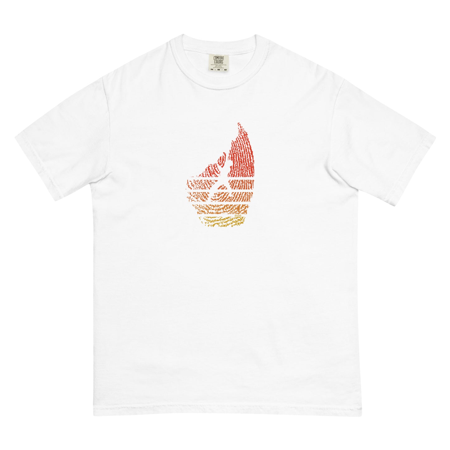 White t-shirt with climbing fingerprint graphic on white background