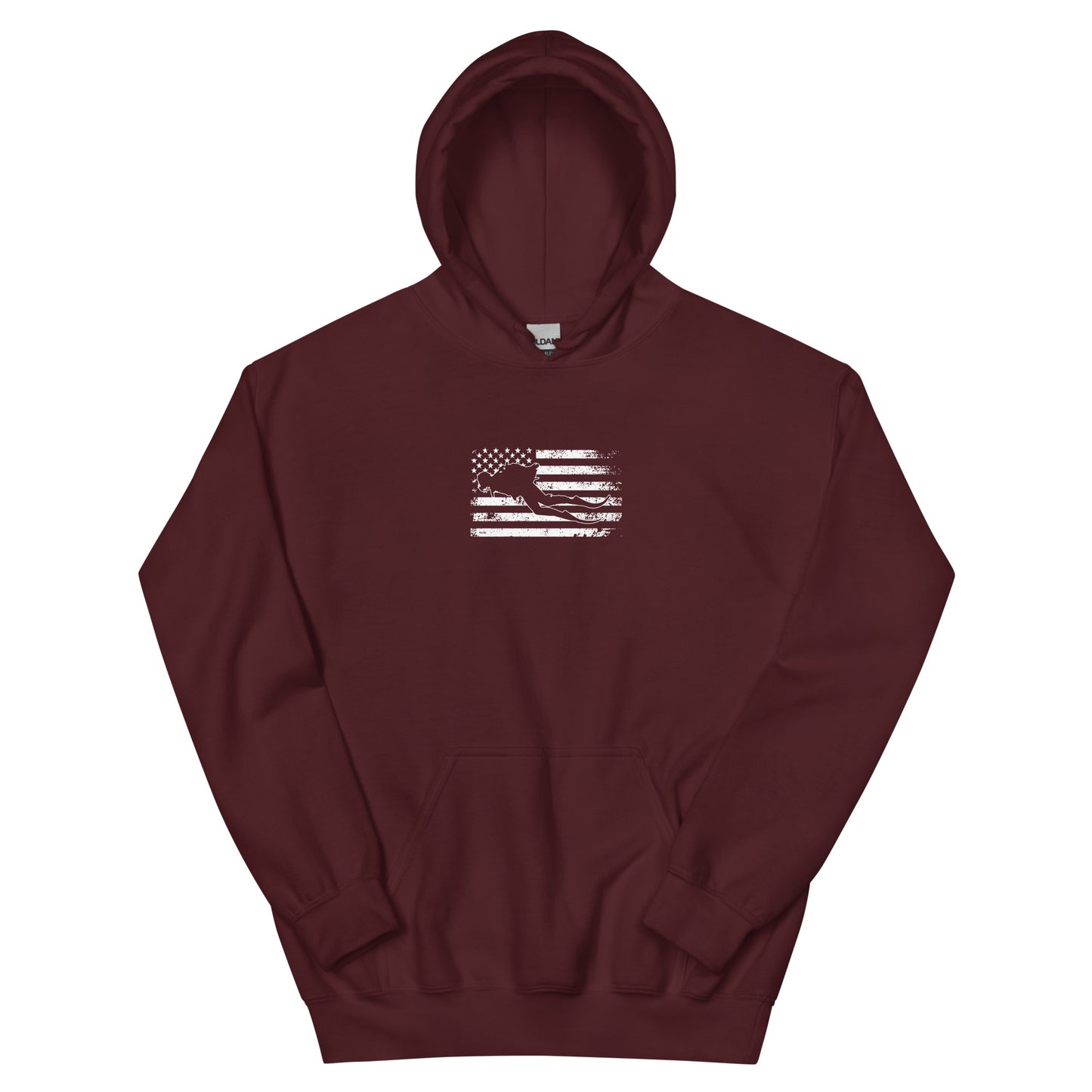 Maroon hoodie with American flag design and diver silhouette on white background