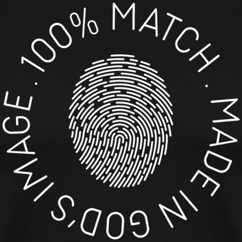 Fingerprint design with text '100% Match Made in God's Image' on a black background
