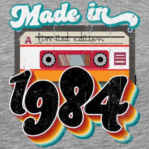 T-shirt design with a cassette tape and Made in 1984 text on a gray background