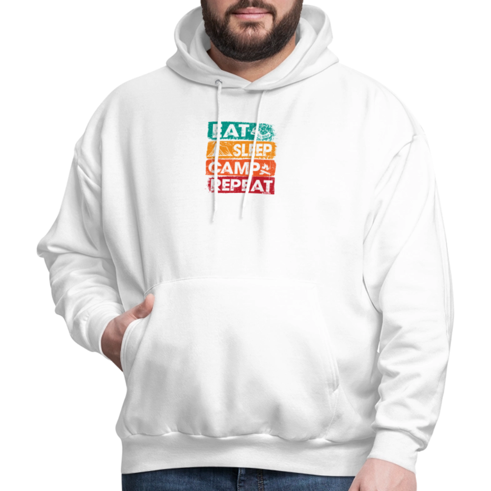 White hoodie with colorful text design on a white background