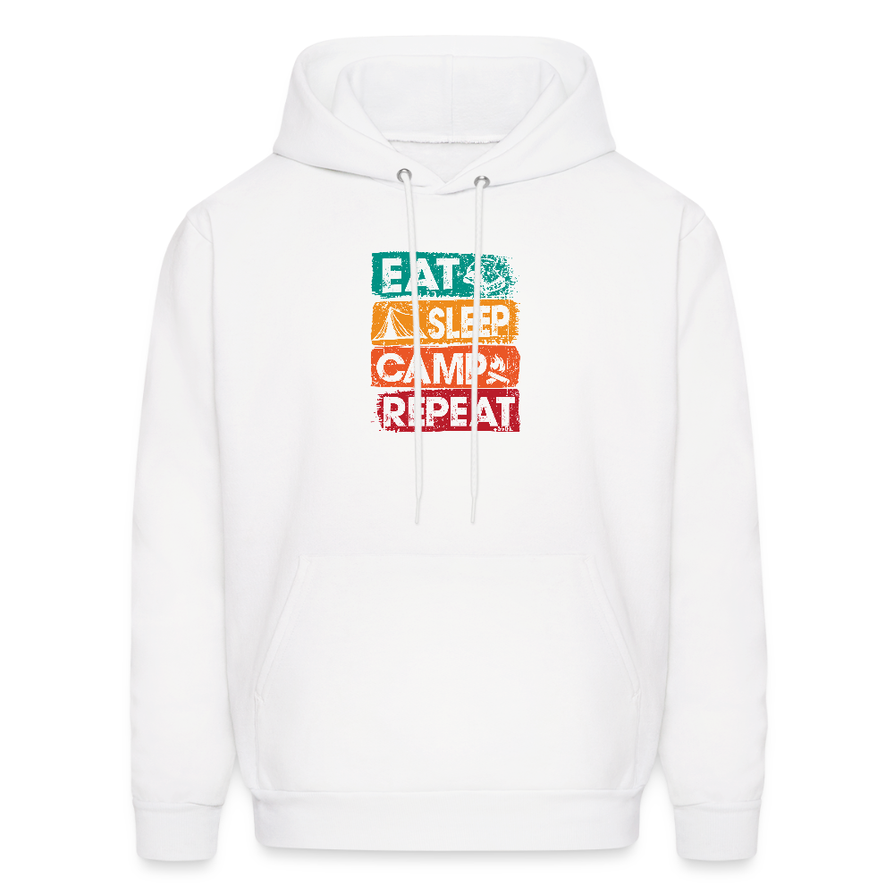 White hoodie with colorful 'Eat Sleep Camp Repeat' text design on a white background