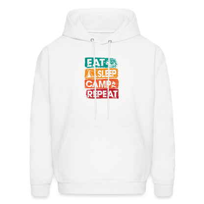 White hoodie with colorful 'Eat Sleep Camp Repeat' text design on a white background