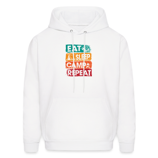 White hoodie with colorful 'Eat Sleep Camp Repeat' text design on a white background