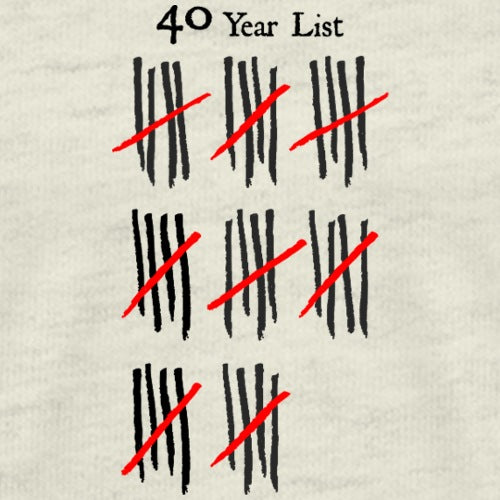 40 Year List with red lines crossing through black checkboxes on a textured beige background