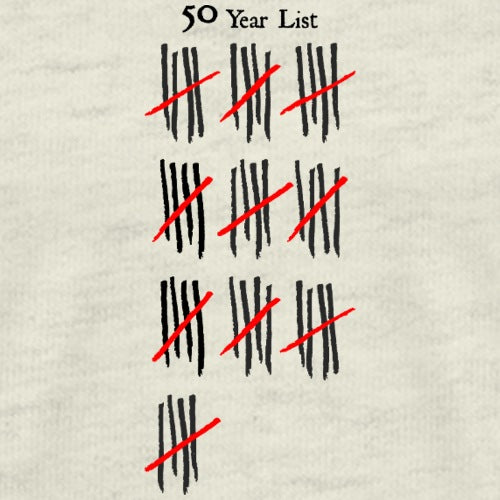 50 Year List with red lines crossing through black checkmarks on a textured beige background
