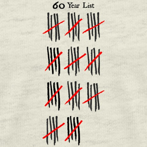60 Year List with red lines crossing through black checkmarks on a textured beige background