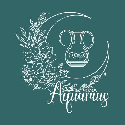 Aquarius zodiac symbol paired with botanical artwork on a refreshing green background, ideal for astrology-themed collections