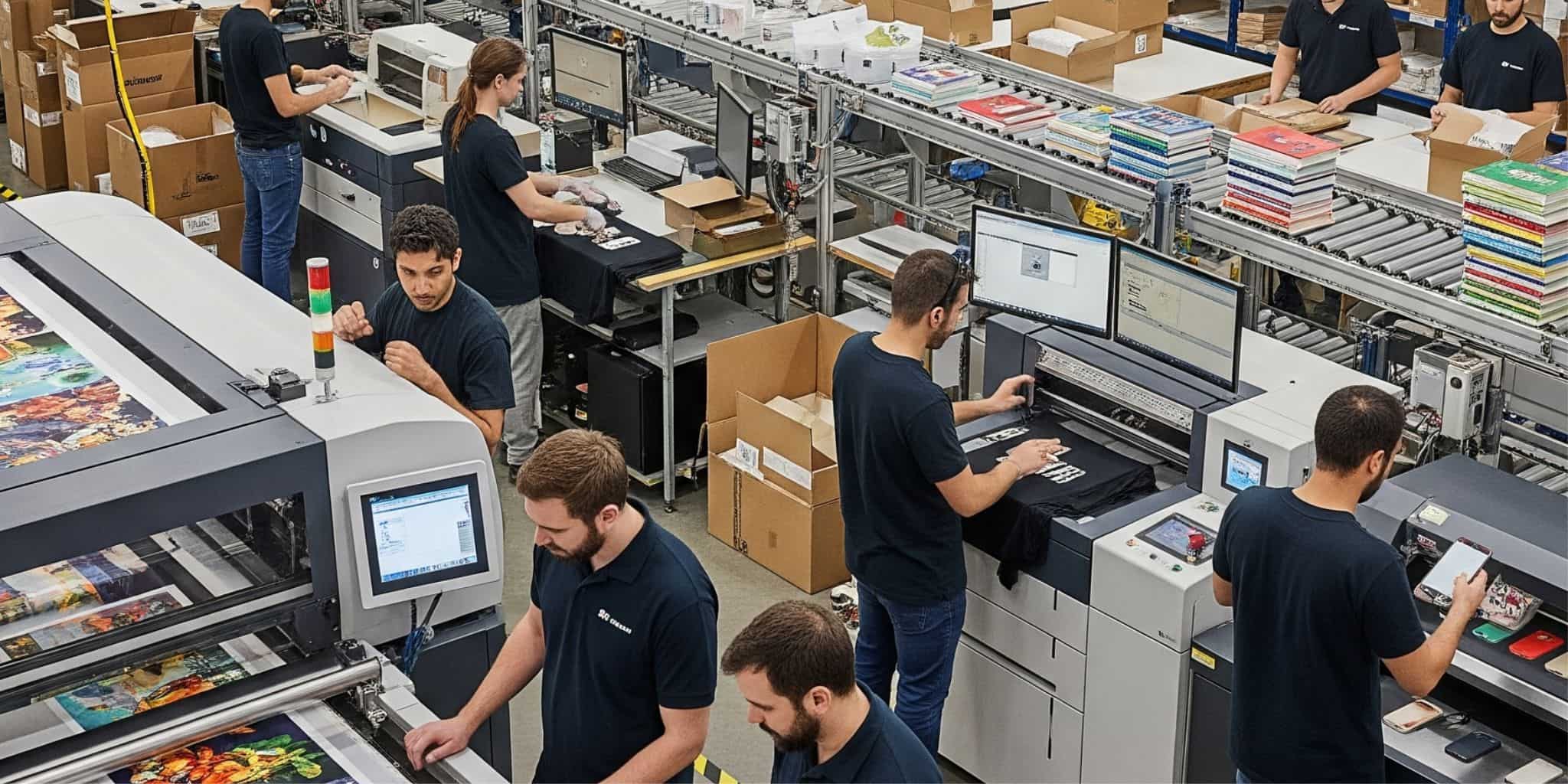 People working in a print production studio with professional equipment.