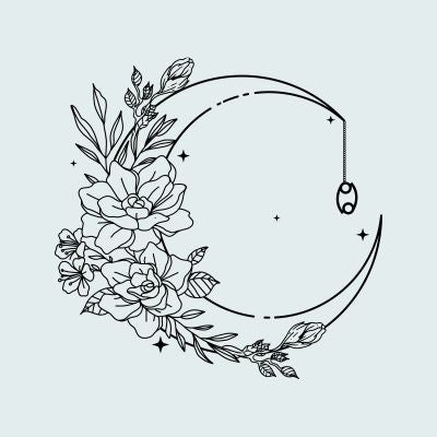 Decorative crescent moon with floral elements representing Cancer zodiac sign on light gray background