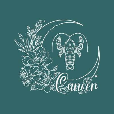 Zodiac sign Cancer with floral elements on a dark green background