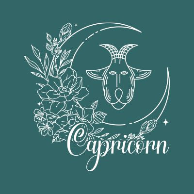 Capricorn zodiac sign with floral elements on a dark green background
