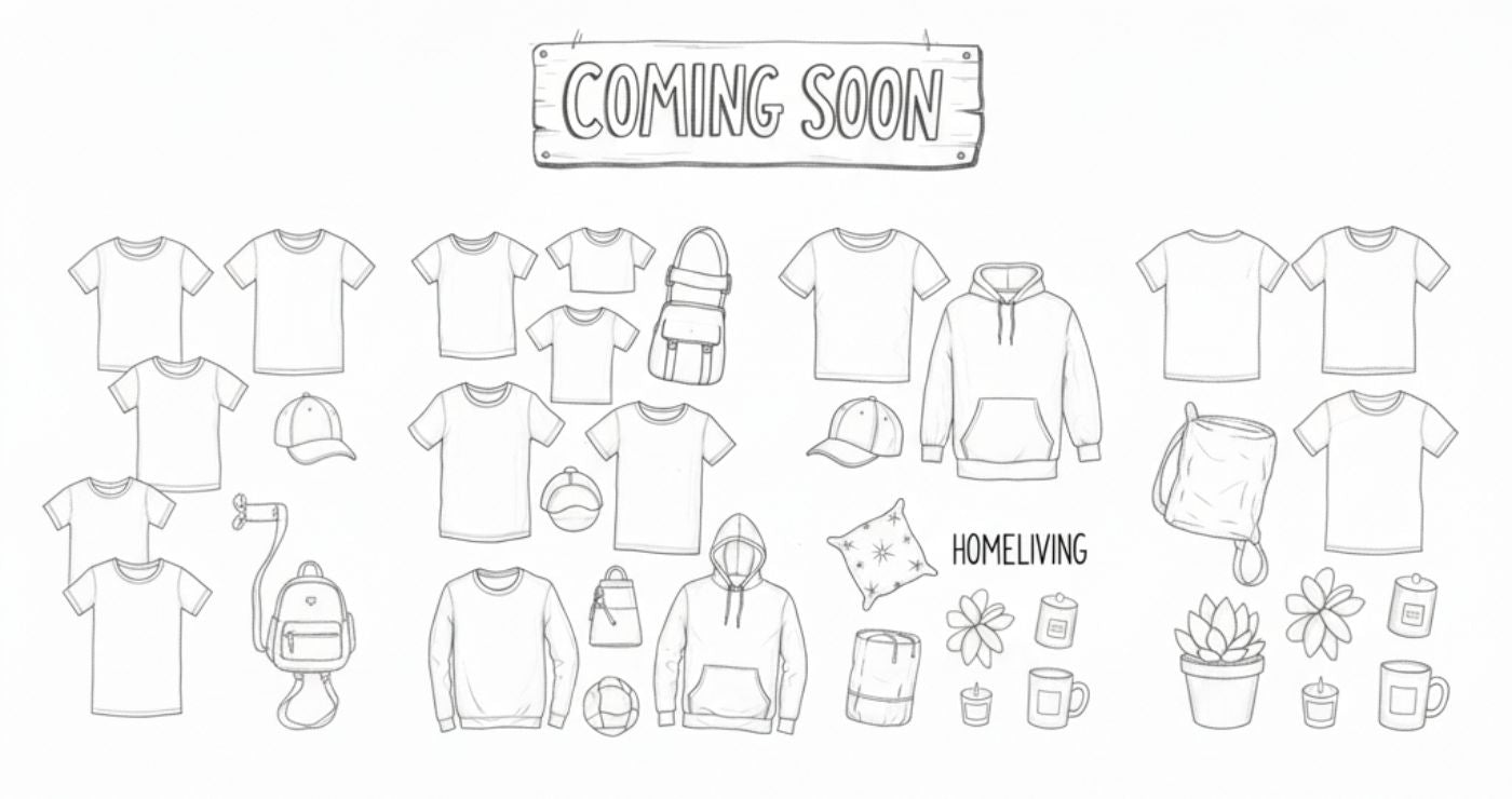 Illustration of various clothing and home supplies with the text Coming Soon products on gioink.com on a white background.
