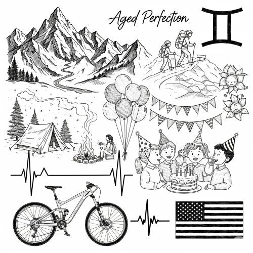 Illustrations of a mountain landscape, camping scene, birthday celebration, bicycle, and American flag on a white background.