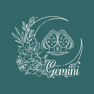 Gemini zodiac illustration featuring twin symbolism and botanical accents on a vibrant green backdrop, ideal for astrology-inspired collections
