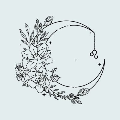 Ornamental moon arc with soft floral embellishments, symbolizing Leo’s radiant persona on a misty gray canvas