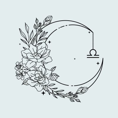 Whimsical crescent moon entwined with soft floral patterns, reflecting Libra’s celestial balance, set on a gentle gray tone