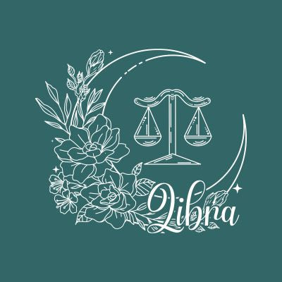 Libra zodiac sign with floral elements on a green background