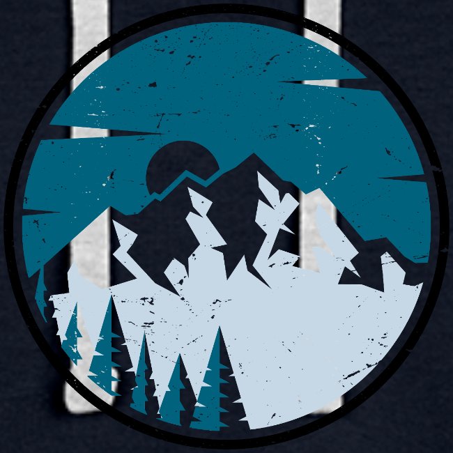 Circular design of mountains and trees on a dark background