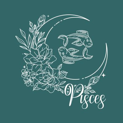Symbolic Pisces zodiac artwork featuring floral embellishments on a serene teal background, ideal for astrology-themed designs