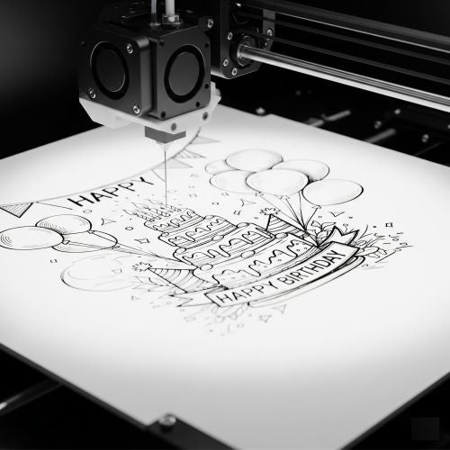 3D printer creating a birthday-themed design on a white surface