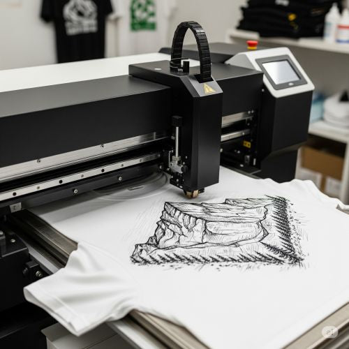 Digital printing machine applying a design to a white t-shirt in a workshop setting.