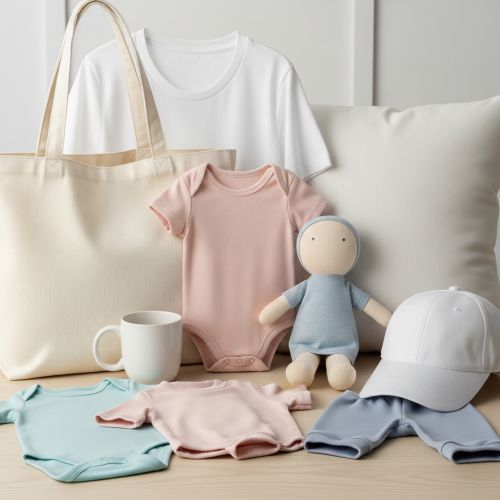 Baby clothing and accessories including a tote bag, shirts, a doll, and a cap on a light surface.