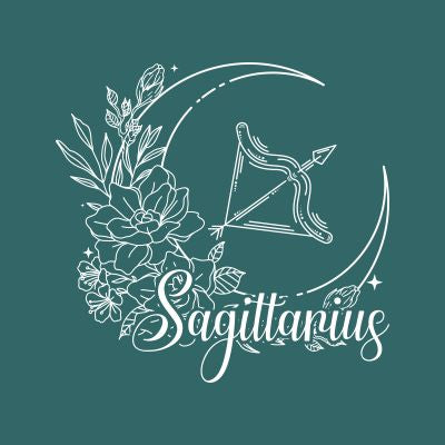 Sagittarius zodiac symbol illustrated with botanical accents on a tranquil teal canvas, ideal for celestial-themed collections