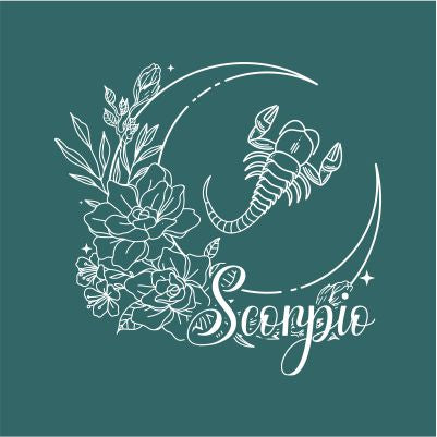 Scorpio zodiac sign illustrated with mystical floral accents on a teal background, perfect for spiritual-themed collections