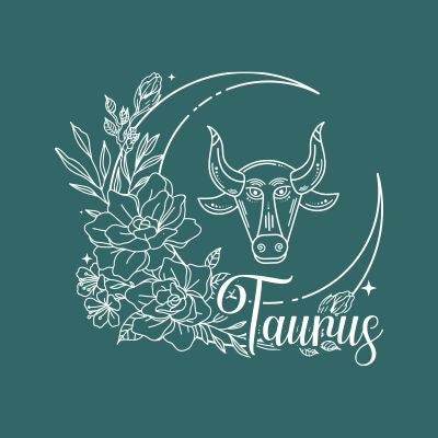 Taurus zodiac sign with floral elements on a teal background