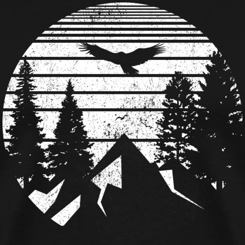 Black and white silhouette of a house, trees, and a bird with a sunset or sunrise background.