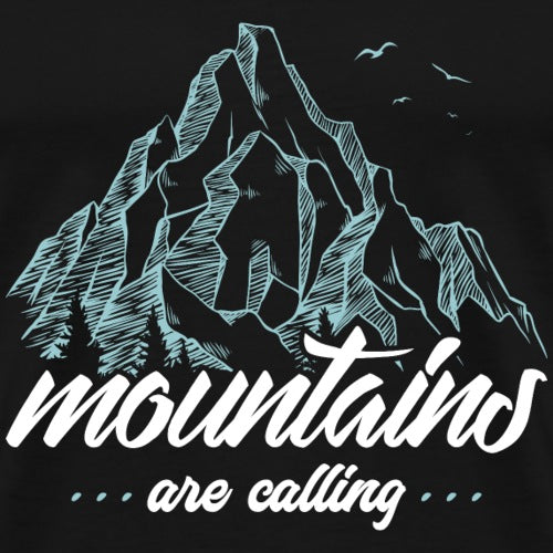 Mountain graphic with 'mountains are calling' text on a black background