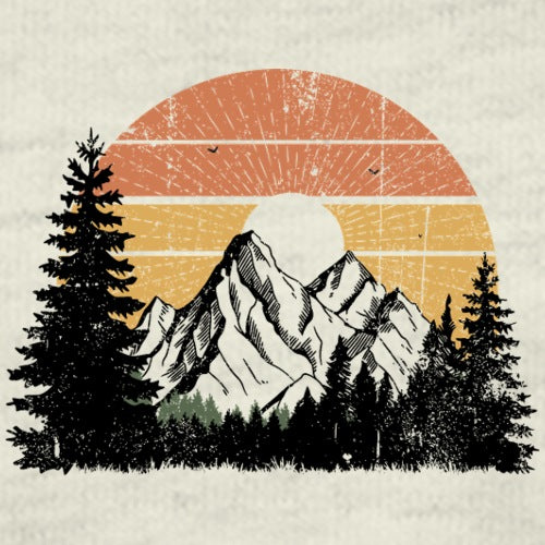 Vintage-style illustration of a mountain with trees and a sunset in the background.