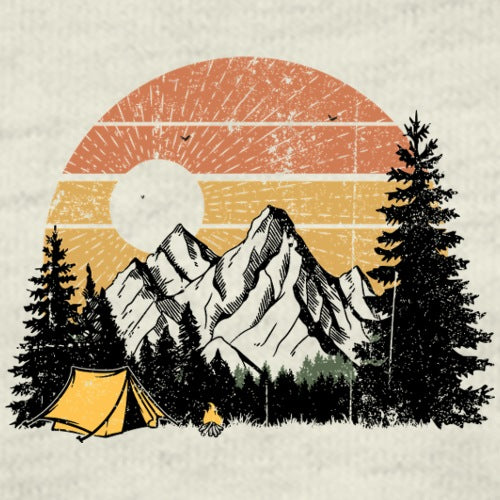 Vintage-style illustration of a mountain landscape with a tent, trees, and a sun.