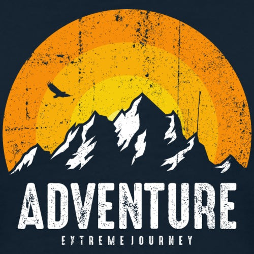 Mountain silhouette with 'Adventure Extreme Journey' text against an orange sun backdrop