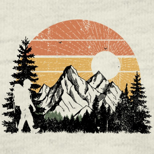 Vintage-style illustration of mountains, trees, and a sun with a textured background.
