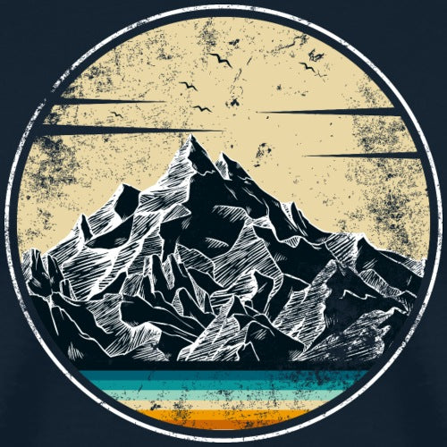Mountain illustration with a circular border on a dark background