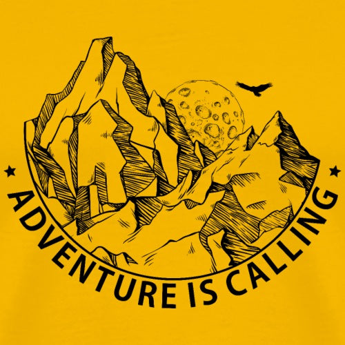 Yellow t-shirt with mountain graphic and 'Adventure is Calling' text on a yellow background