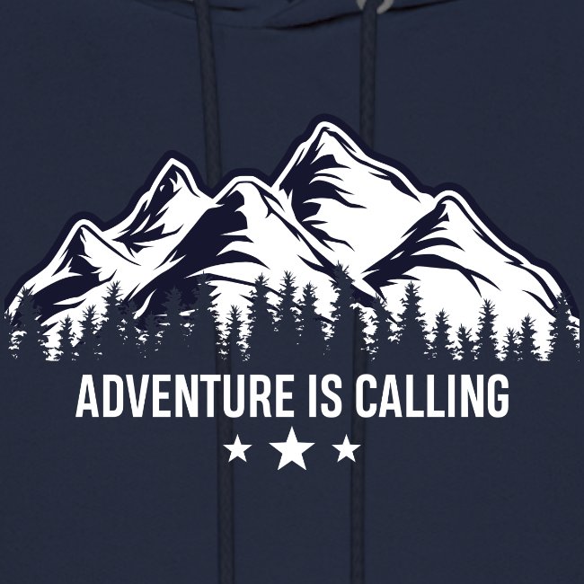Navy hoodie with white mountain design and 'Adventure is Calling' text