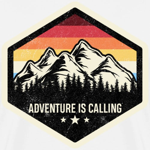 Hexagonal sticker with mountain design and 'Adventure is Calling' text on a white background