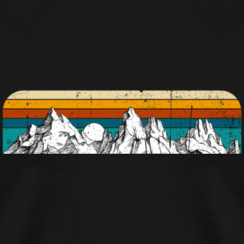 Vintage-style mountain design with a striped background on a black shirt.