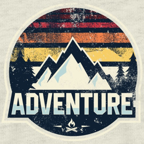 Vintage-style 'Adventure' graphic with mountains and sunset design on a textured background