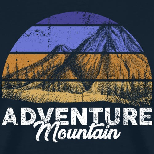 T-shirt design with mountain graphic and 'Adventure Mountain' text on a dark background