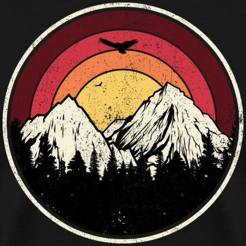 Circular design with mountains, a sun, and a bird against a red and orange sky.