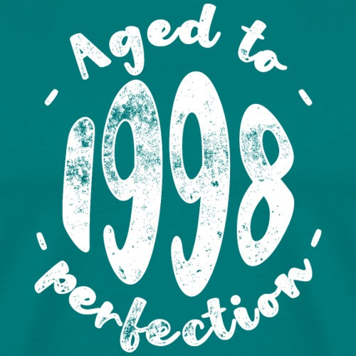 Text 'Aged to 1998 perfection' on a teal background