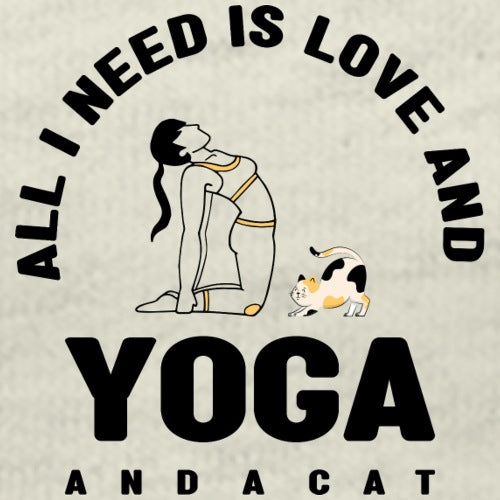 Illustration of a woman doing yoga with a cat, surrounded by text on a beige background