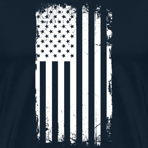 Navy blue t-shirt with a white American flag graphic on a plain background