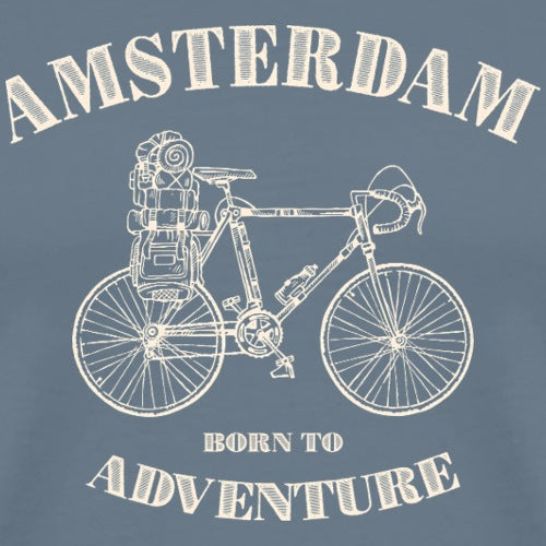 Navy blue t-shirt with white bicycle graphic and 'Amsterdam Born to Adventure' text
