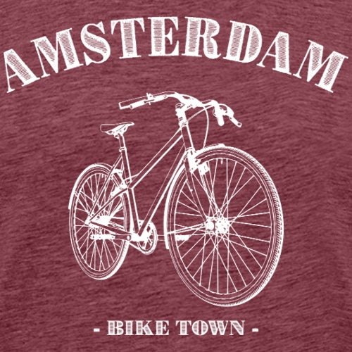 Maroon t-shirt with white bicycle graphic and 'Amsterdam Bike Town' text